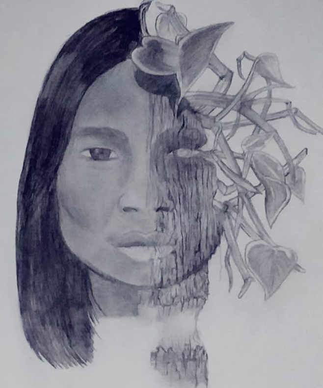Desenho feito a lápis preto de um rosto que a metade lembra o rosto de uma pessoa indígena e a outra metade da face forma uma planta em que o rosto é o tronco e o cabelo são as folhas.